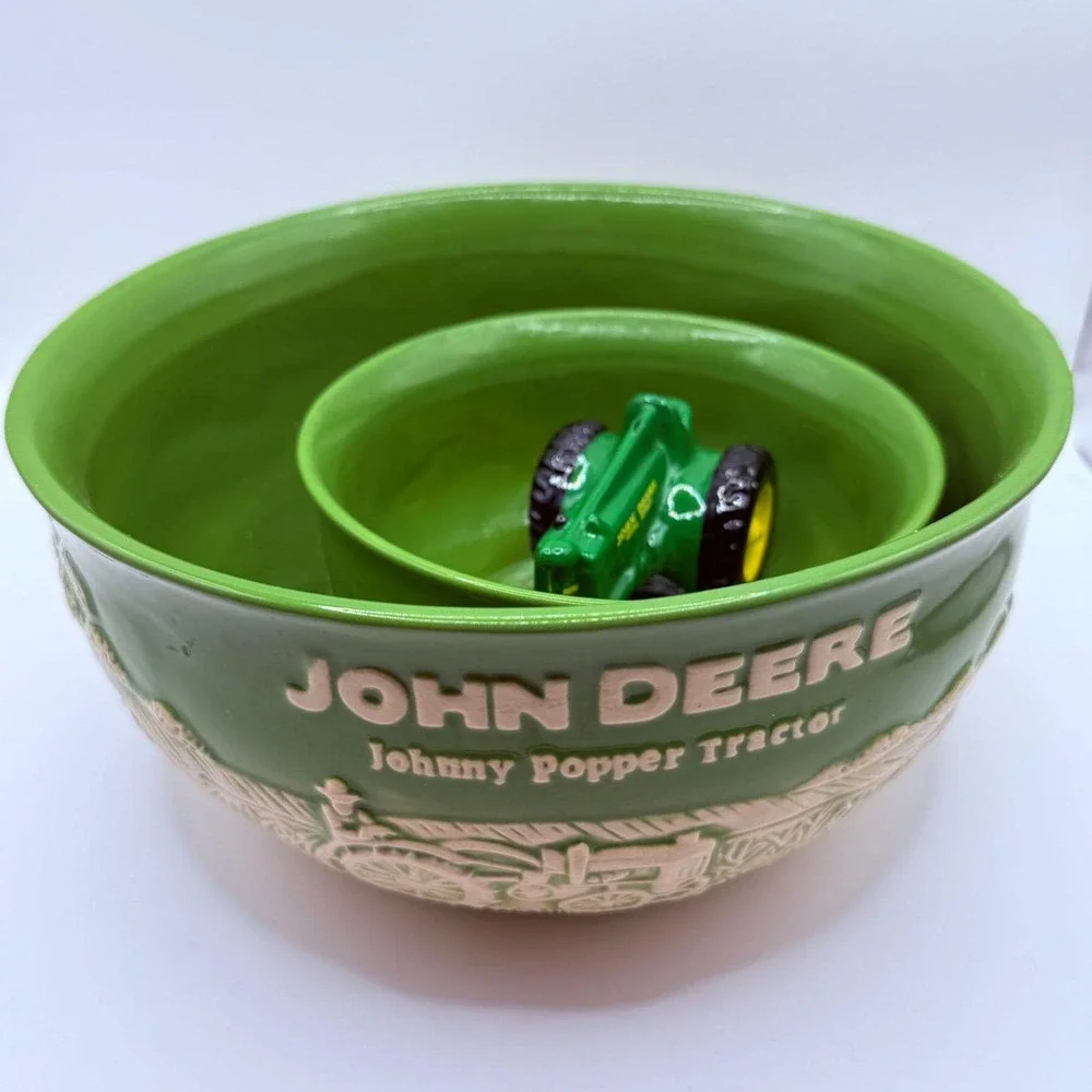John‎ Deere Johnny Popper Tractor Ceramic Mixing Bowl Set with Figurine Green